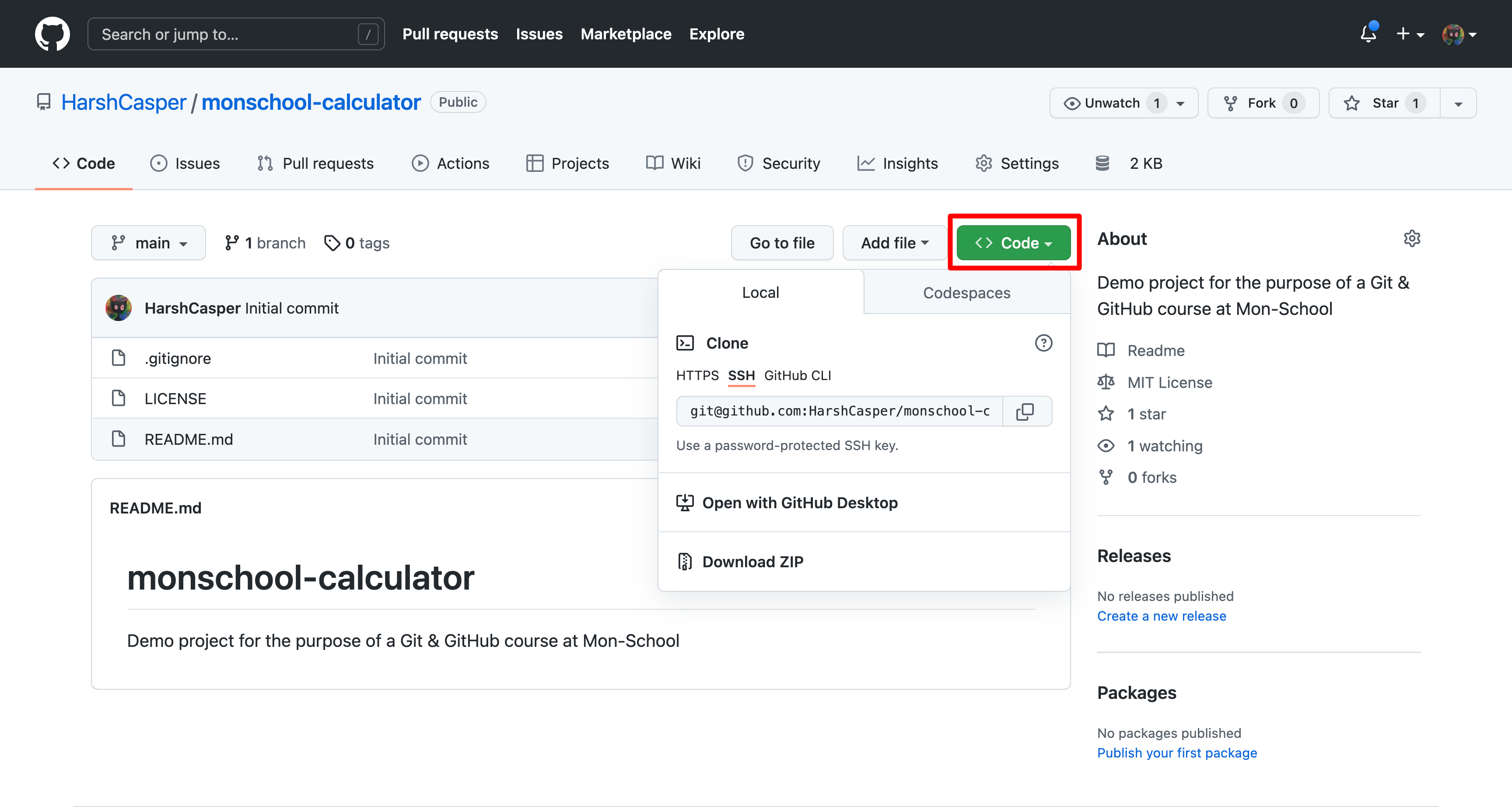 Snapshot of the clone box of Monschool Git & GitHub course repository